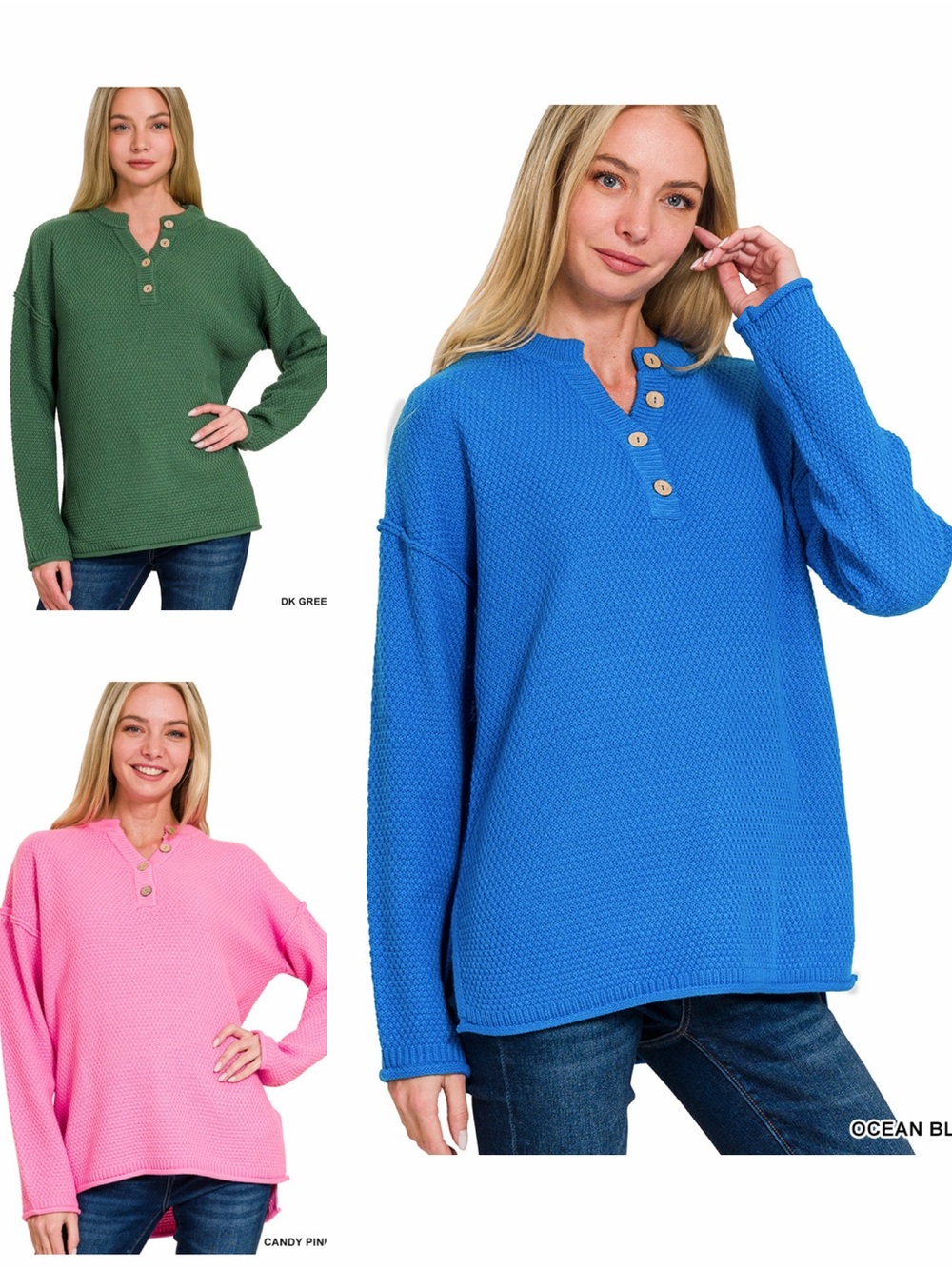 Zenana Waffle Knit Henley Sweater - Blue, Pink, Green
